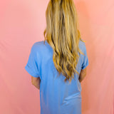 Spring Blue Rolled Sleeve V-Neck Top
