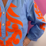 Blue & Orange Scroll Print Top