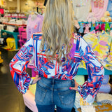 Blue Abstract Print Surplice Crop Blouse