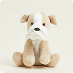 A soft, plush bulldog toy with characteristic wrinkles and a friendly expression, designed to be microwavable.