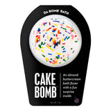 White bath bomb with sprinkles and almond buttercream scent, includes fun surprise inside.