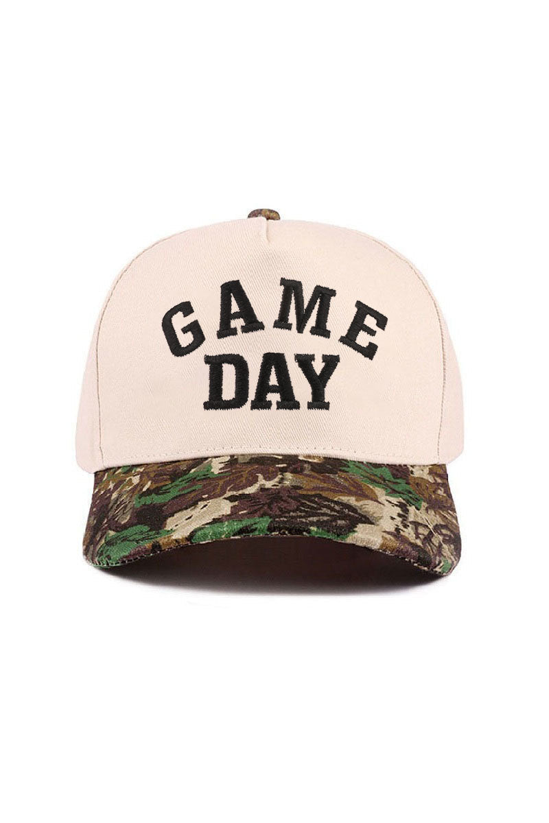 Camo Game Day baseball cap with raised embroidered lettering and adjustable strap