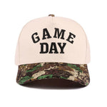 Camo Game Day baseball cap with raised embroidered lettering and adjustable strap