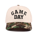 Camo Game Day baseball cap with raised embroidered lettering and adjustable strap