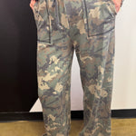 Camo pull-on pants with olive, forest green, and brown camouflage print.