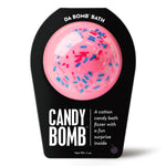 Pink Candy Bath Bomb with sprinkles, cotton candy scent, and hidden surprise inside.
