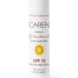 Caren lip treatment with SPF 15, beeswax, and vanilla flavor for soft, protected lips.