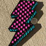 Checkered bolt car freshie with hook and string hanging for long lasting fresh scent.