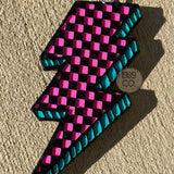 Checkered bolt car freshie with hook and string hanging for long lasting fresh scent.