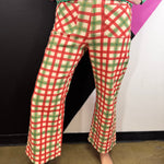 Christmas gingham check wide leg pants with high-rise waist and front patch pockets.