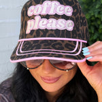 Leopard print Coffee Please hat with pink contrast trim and embroidered lettering.
