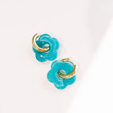 Teal daisy earrings with removable flower charm on gold waterproof hoop