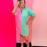 Colorblock gingham dress with pink and green panels and colorful collar details.