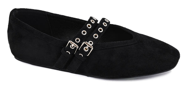 Black faux suede square toe flats with double buckle straps and silver-tone hardware.