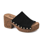 Black suede slip-on sandals with studded trim and block heel.