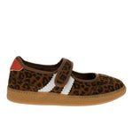 Leopard print Mary Jane flats with white side stripes and hook-and-loop strap.