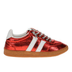 Metallic red Corky's sneakers with white side stripes and lace-up closure.