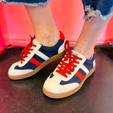 Corky's red white and blue lace-up sneakers with navy panels and gum sole.