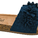 Corky's Wild Child navy slide sandals with floral strap and cork footbed.