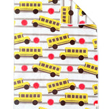 Crae White double-sided hand towel with yellow school buses, red stop signs, and gray stripe pattern.