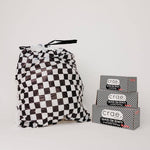 Black and white checkered 8-gallon trash liners for home and office waste baskets.