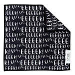 EEEEEk microfiber washcloth, 12x12 in, black with repeating white “EEEEEk” Halloween lettering.