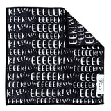EEEEEk microfiber washcloth, 12x12 in, black with repeating white “EEEEEk” Halloween lettering.