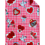 Red and white checkered hand towel with hearts, florals, and doves in microfiber fabric