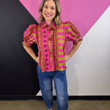 Pink Mixed Print Puff Sleeve Top