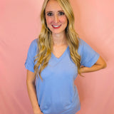 Spring Blue Rolled Sleeve V-Neck Top