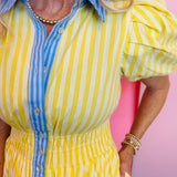 Yellow Stripe Print Puff Sleeve Dress