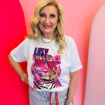 Easy Tiger graphic tee with tiger in pink sunglasses, rhinestone accents, and bold lettering.
