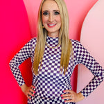 Purple and white checkered long sleeve mesh top for bold, breathable layering.