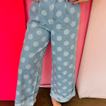 Chambray-inspired wide leg pants with oversized polka dot print and pockets.