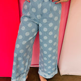 Chambray-inspired wide leg pants with oversized polka dot print and pockets.