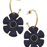 Navy flower drop hoop earrings with rhinestone accents and shiny gold-tone finish.