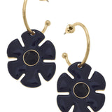 Navy flower drop hoop earrings with rhinestone accents and shiny gold-tone finish.