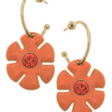 Orange flower drop hoop earrings with rhinestone accents and shiny gold-tone finish.