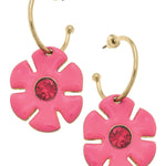 Pink flower drop hoop earrings with rhinestone accents and shiny gold-tone finish.