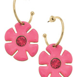 Pink flower drop hoop earrings with rhinestone accents and shiny gold-tone finish.