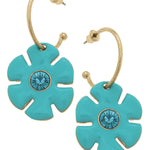 Turquoise flower drop hoop earrings with rhinestone accents and shiny gold-tone finish.