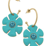 Turquoise flower drop hoop earrings with rhinestone accents and shiny gold-tone finish.