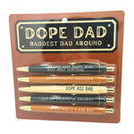 Funny Dope Dad pen set with humorous dad sayings and black ink pens.