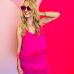 Full-body view of model wearing the Sawtelle Berry Gradient Sunglasses paired with a bright pink outfit, capturing a bold and coordinated fashion statement.
