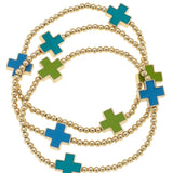Green, turquoise, and blue stretch bracelets with enamel crosses and gold beads.