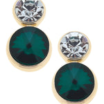 Gold drop earrings with clear and emerald green rhinestones.