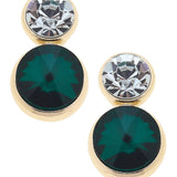 Gold drop earrings with clear and emerald green rhinestones.