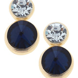 Gold drop earrings with clear and navy rhinestones.