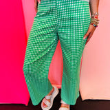 Green and white gingham straight leg pants with pockets and button front.