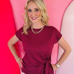 Merlot short sleeve knit top with flattering side front tie detail.